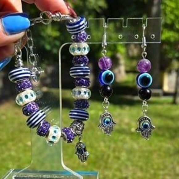 Hamsa Hand Evil Eye Gemstone Charm Earrings & Bracelet Set - Picture 3 of 10
